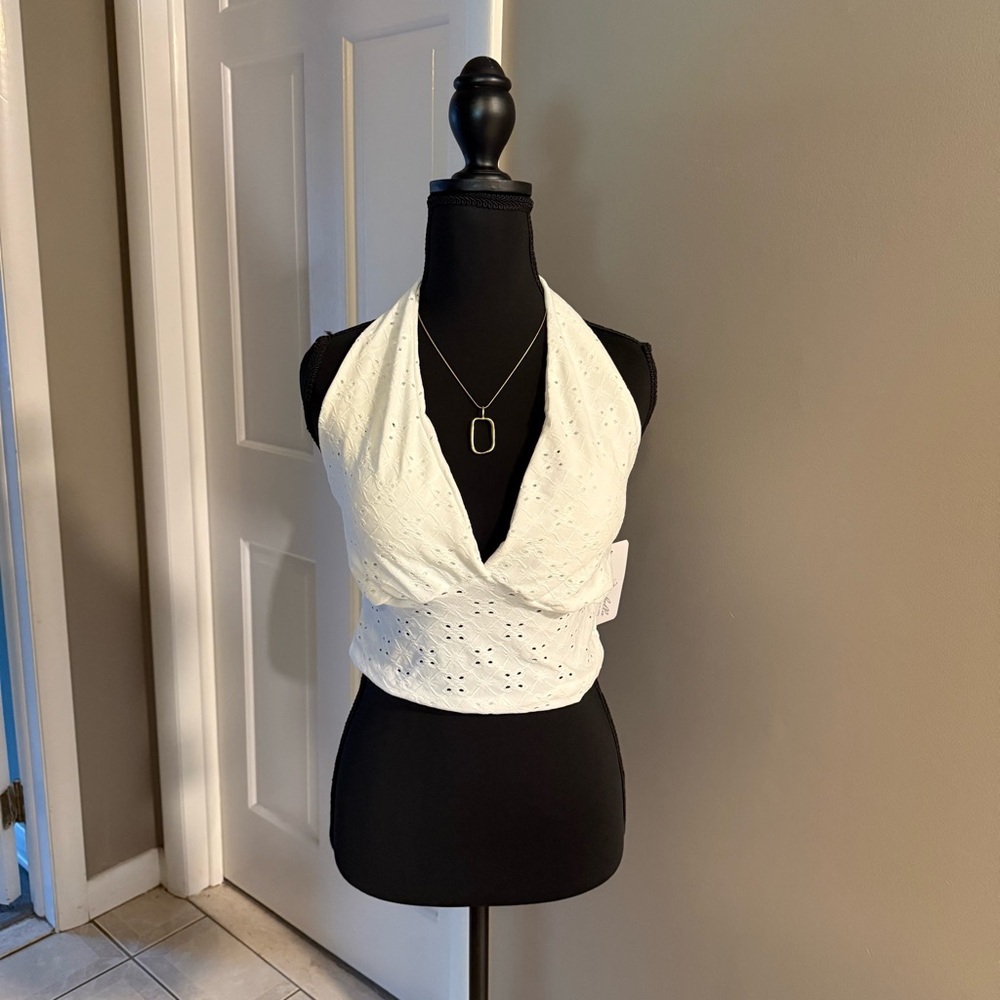 White Halter Neck Eyelet Top